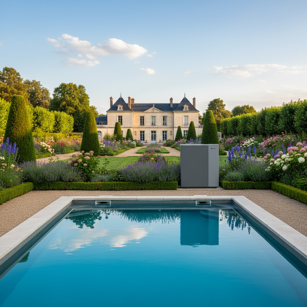 Pompe a chaleur piscine installee pres du bassin dans un jardin
