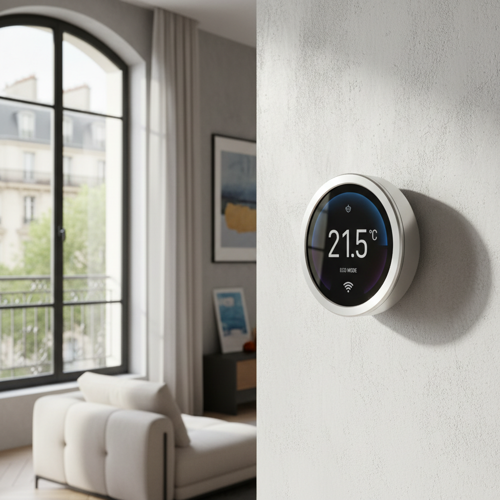 Climatisation chauffage et plomberie à Lyon Ankial - Thermostat connecte intelligent sur mur appartement moderne