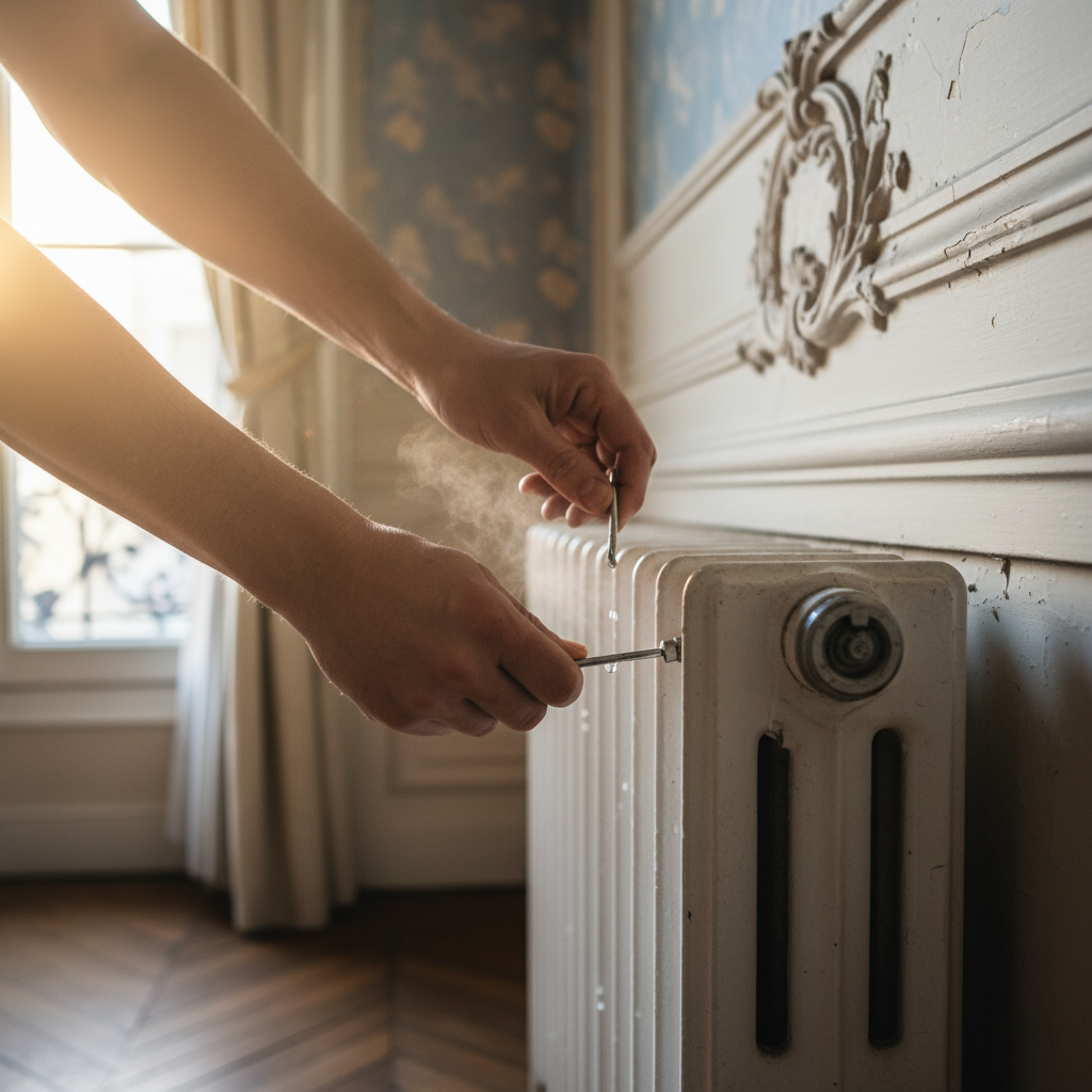 Purge radiateur avec cle de purge dans un appartement