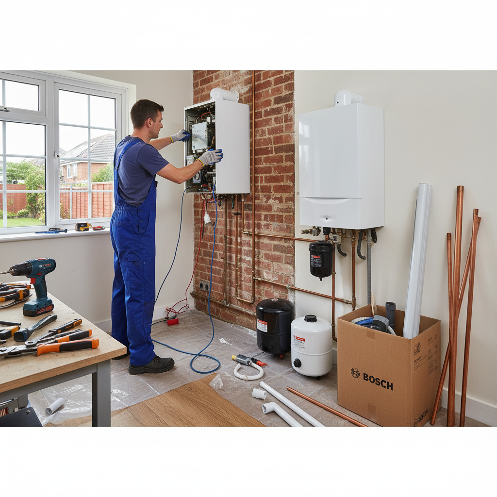 Chauffagiste remplacant une ancienne chaudiere par un modele condensation