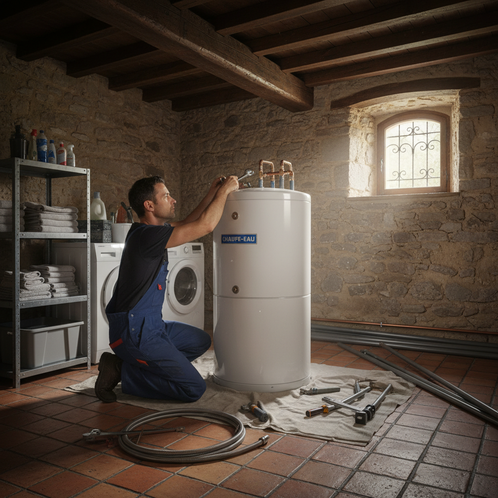 Plombier installant un nouveau chauffe-eau a Lyon
