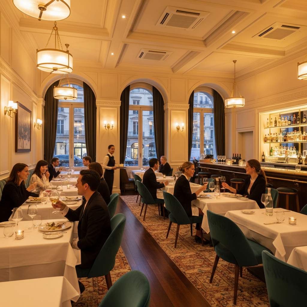 Salle de restaurant élégante à Lyon avec climatisation cassette au plafond