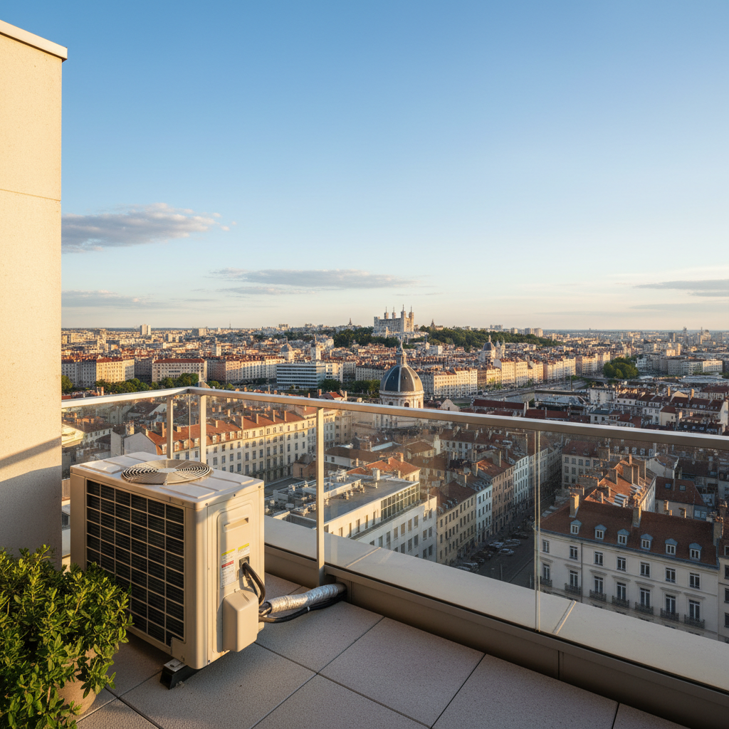 Unite exterieure climatisation sur balcon avec vue sur Lyon