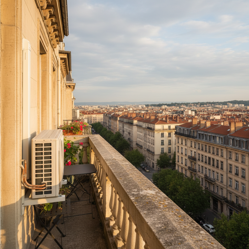 Climatisation chauffage et plomberie à Lyon Ankial - systeme multi split de climatisation installe par ankial a metropole de lyon Ankial Ankial https://climatisation-lyon.com Climatisation Climatisation Unité extérieure multi-split installée sur un balcon d’immeuble lyonnais