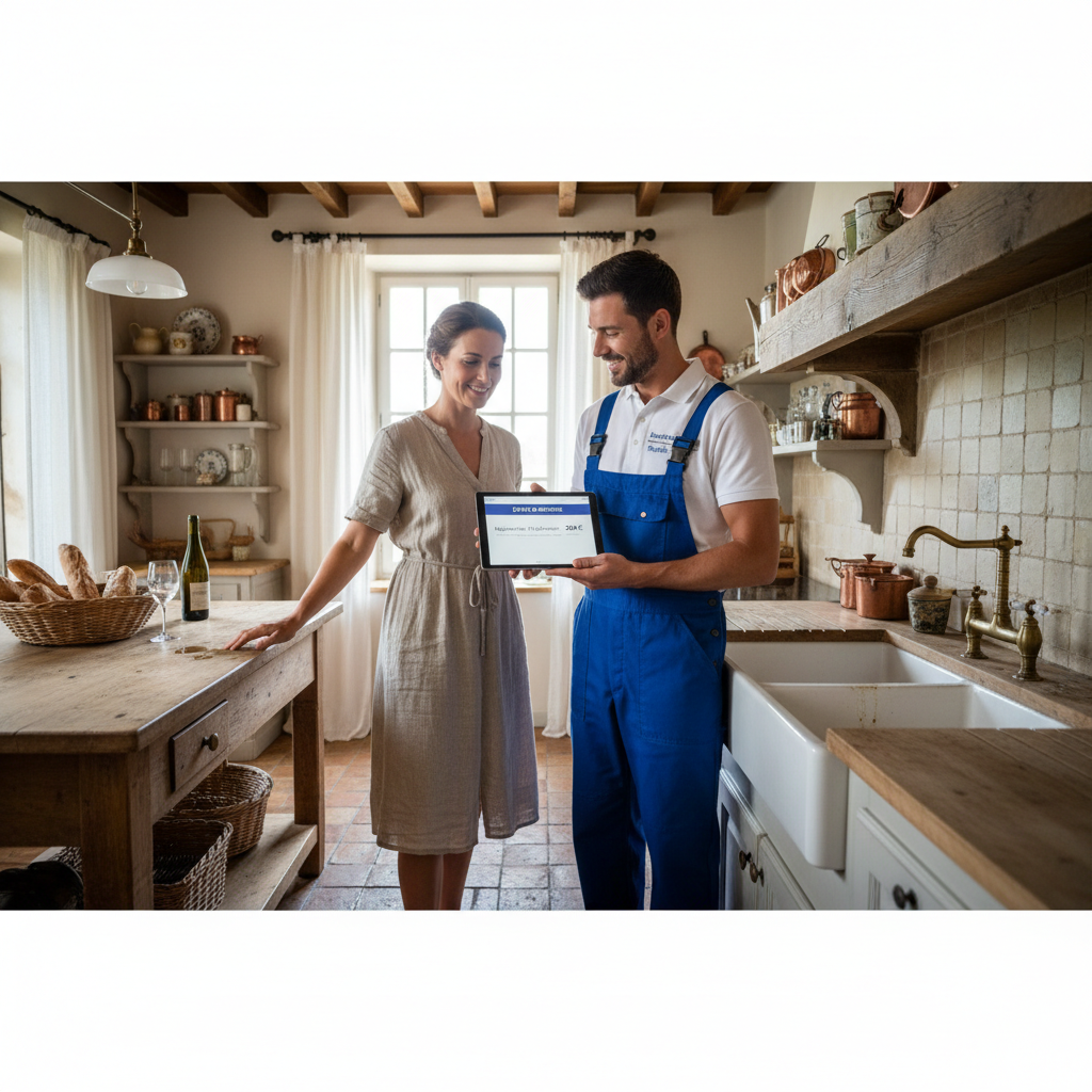 Plombier presentant un devis detaille a un client a Lyon