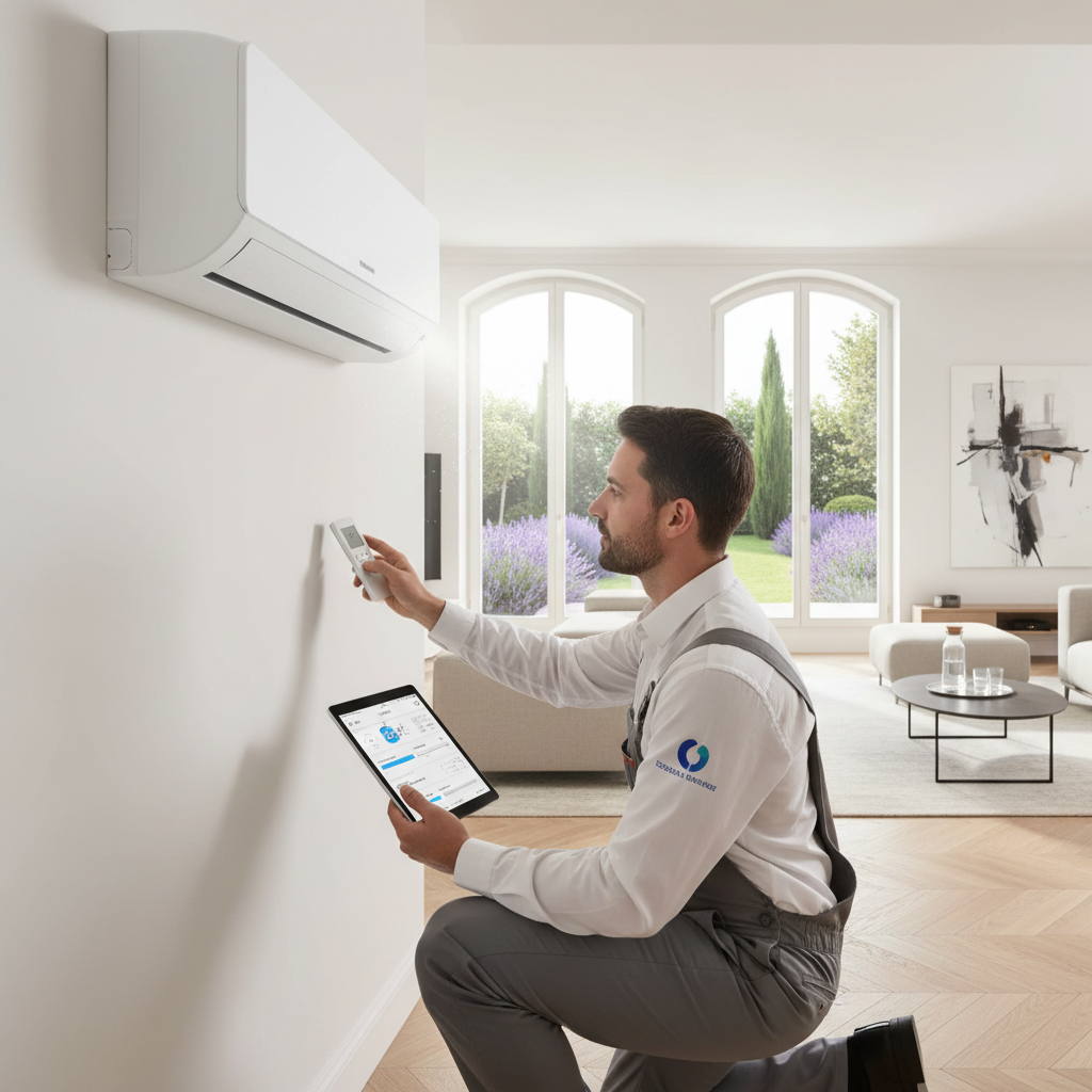 Technicien réglant une climatisation Inverter pour optimiser les performances énergétiques