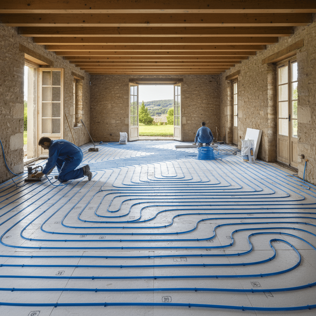 Climatisation chauffage et plomberie à Lyon Ankial - Tubes plancher chauffant installes sur isolant en renovation