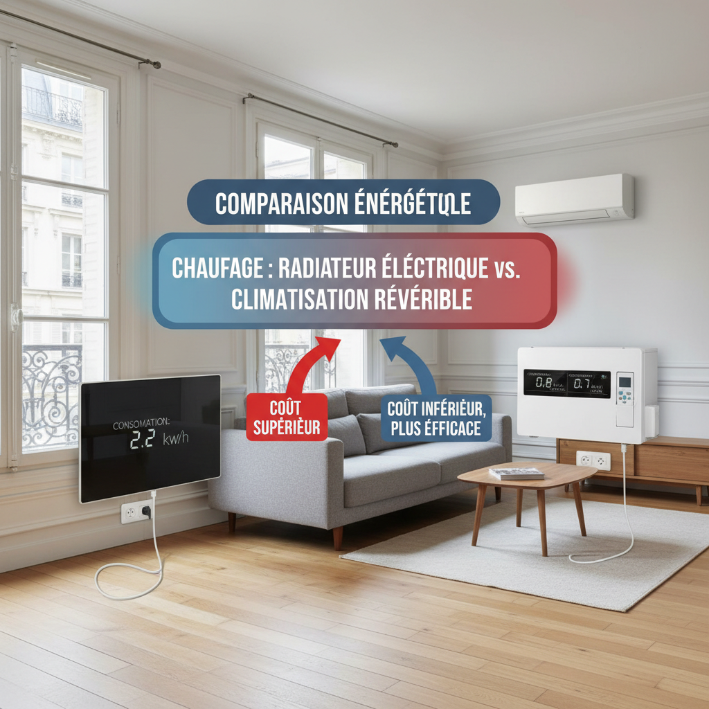Radiateur electrique face a une clim reversible dans un logement