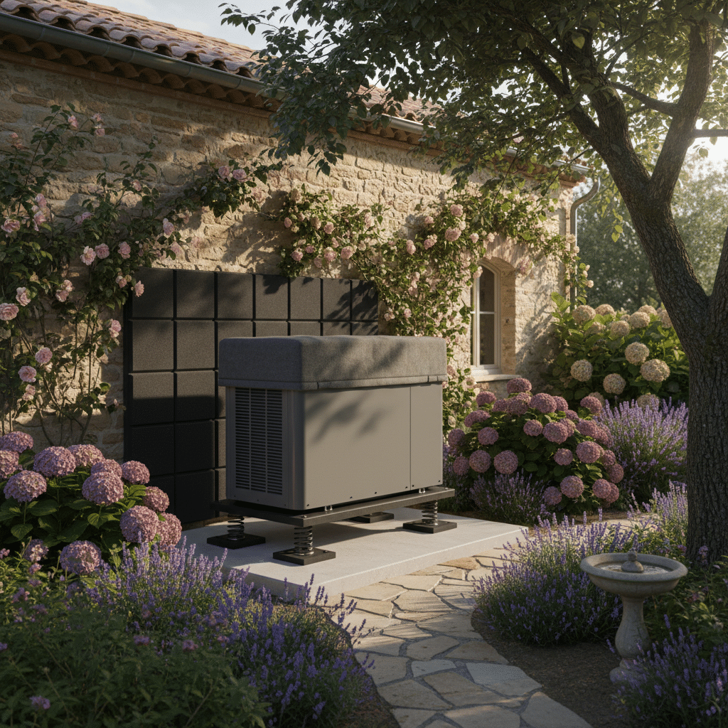 Climatisation chauffage et plomberie à Lyon Ankial - Pompe a chaleur silencieuse avec support anti-vibrations dans jardin