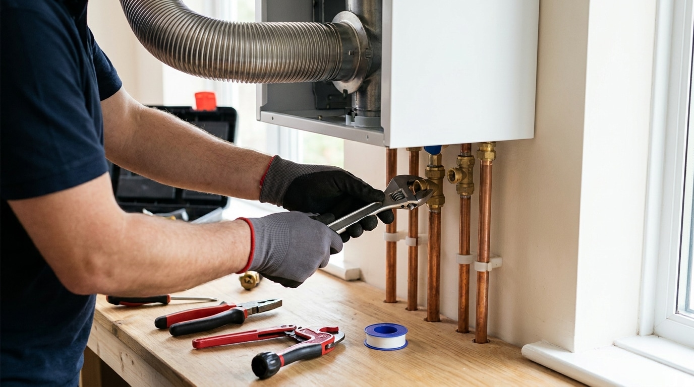 Climatisation chauffage et plomberie à Lyon Ankial - rankit 1788195362437 Ankial Ankial https://climatisation-lyon.com Chauffage Chauffage Technicien raccordant les tuyaux et l'évacuation des fumées d'une chaudière neuve