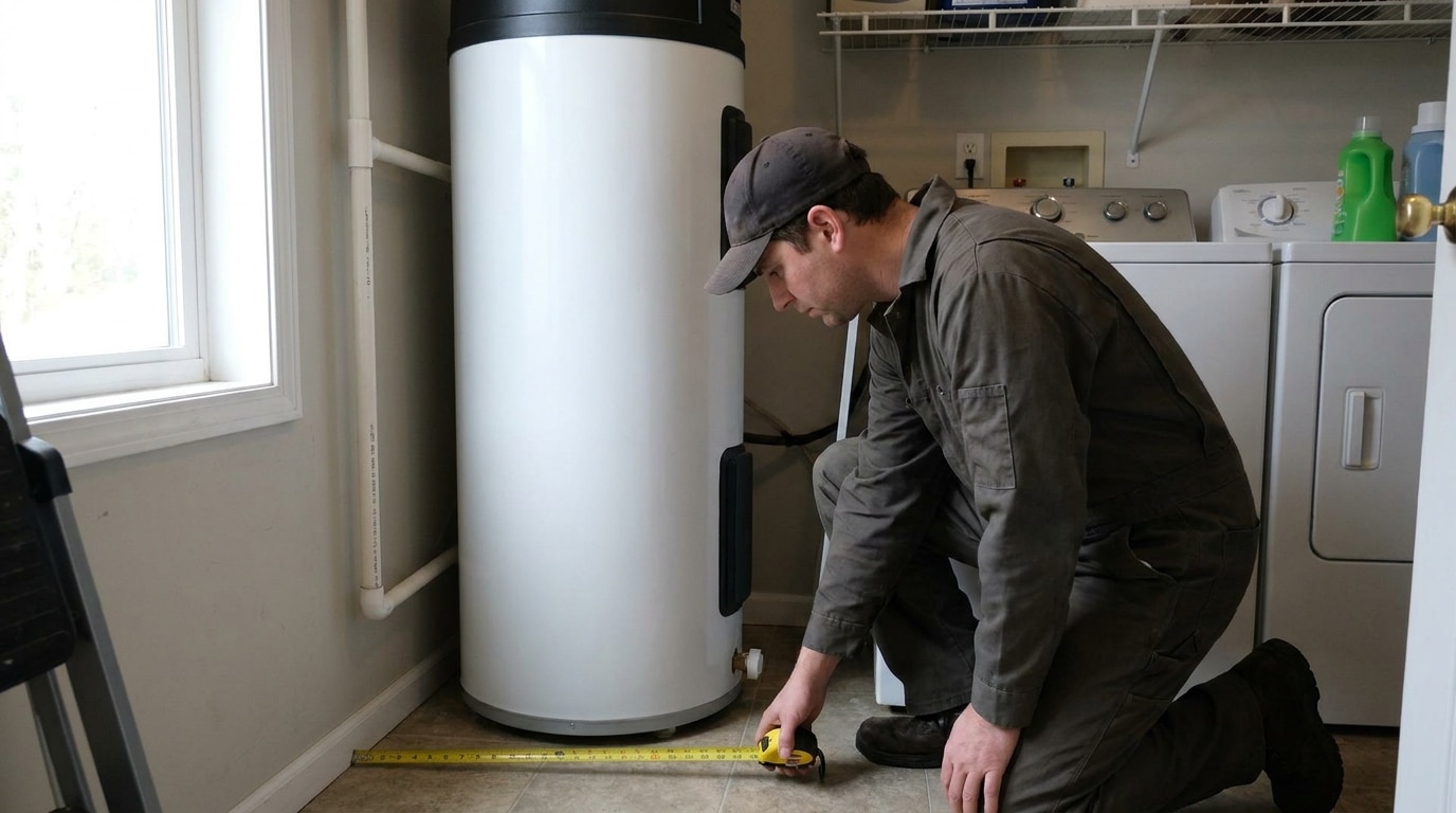 Climatisation chauffage et plomberie à Lyon Ankial - rankit 1788195411760 Ankial Ankial https://climatisation-lyon.com Plomberie Technicien vérifiant l'emplacement d'un ballon thermodynamique dans une buanderie