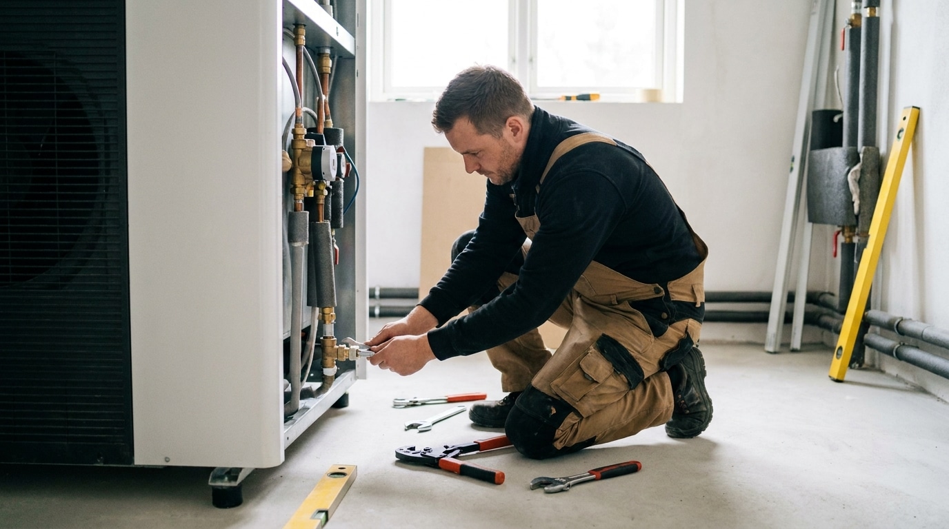 Climatisation chauffage et plomberie à Lyon Ankial - rankit 1792451029449 Ankial Ankial https://climatisation-lyon.com Chauffage Chauffage Technicien raccordant le module interieur d'une pompe a chaleur air/eau
